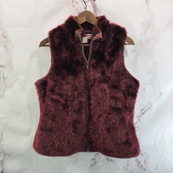 Vintage Y2K Vest Womens Medium Red Faux Fur Mob Coat Burgundy Glam Boss - Picture 1 of 10